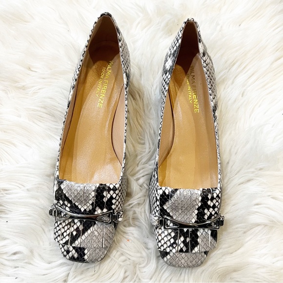 Wilma Firenze Shoes - Wilma Firenze Black & White Italian Leather Snakeskin Fringe Low Heel Pumps 37